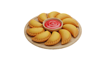 3D Empanadas and Ketchup on Wooden Platter on transparent background