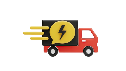 3D Fast delivery truck with lightning bolt speech bubble on transparent background