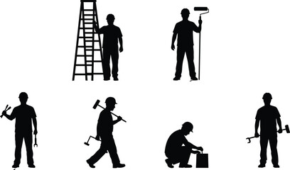 Black silhouettes of house painters and construction workers with tools and ladders isolated on white background, home renovation vector set.