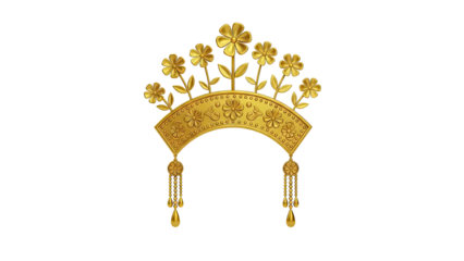 3D Golden floral tiara with dangling ornaments on transparent background