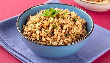 お茶碗に盛られた麦ごはんのクローズアップ  もち麦や押し麦と白米の健康的な和食