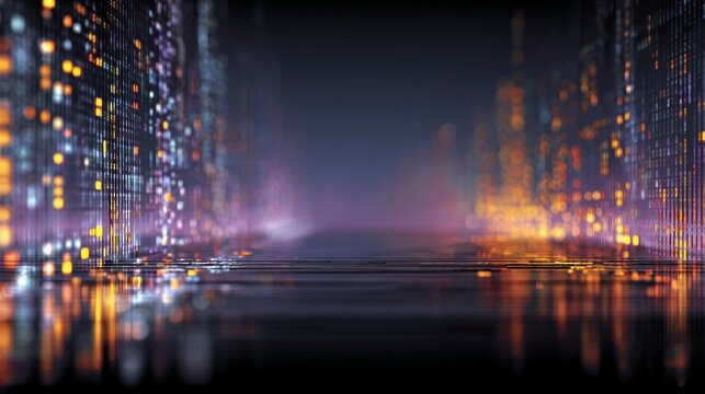 Abstract data advisory concept with binary code wall, subtle purple, blue, yellow, orange gradients, sleek metallic accents, minimalistic elegant tech design