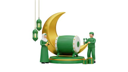 3D Ramadan Islamic Celebration with Drum, Moon and Lanterns on transparent background