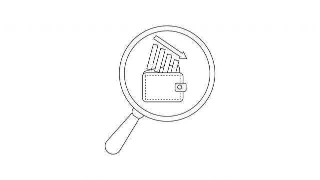 A magnifying glass highlights a wallet and a descending bar graph