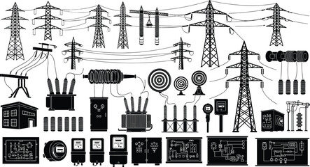 Obraz premium Electric power transmission and distribution equipment silhouettes set with high voltage towers transformers insulators meters industrial energy infrastructure vector illustration