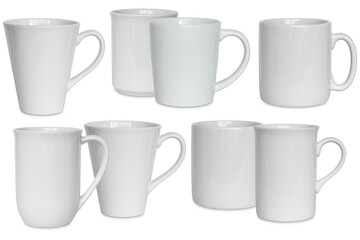 collection of eight white ceramic mugs in various shapes and sizes, arranged in two rows against a transparent background, displaying simple and elegant drinkware for coffee or tea.