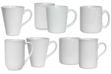 collection of eight white ceramic mugs in various shapes and sizes, arranged in two rows against a transparent background, displaying simple and elegant drinkware for coffee or tea.