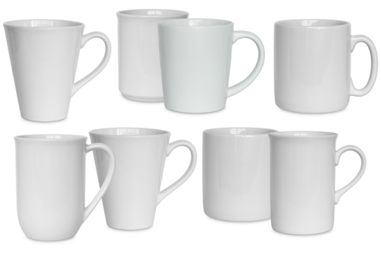 collection of eight white ceramic mugs in various shapes and sizes, arranged in two rows against a transparent background, displaying simple and elegant drinkware for coffee or tea. - Powered by Adobe