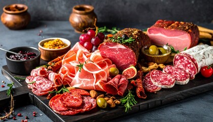 Gourmet charcuterie board with premium cured meats, fine cheeses, fresh fruits, and olives, artfully displayed on a rustic wooden platter