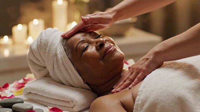 A serene and blissful moment as a woman with a towel wrapped around her head enjoys a luxurious and relaxing spa massage, receiving a soothing treatment on her chest and shoulders amidst a tranquil a.