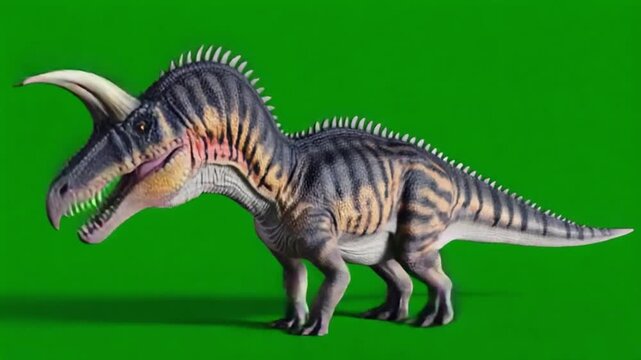 Fierce dinosaur with sharp horns and spiky back against green background
