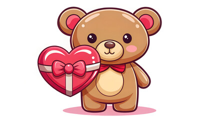 Fototapeta premium Cute cartoon teddy bear holding a heart shaped gift box, concept of valentine's day present and affection