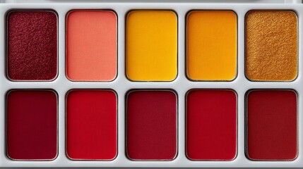 Close-up of a sleek cosmetic palette featuring rich reds, corals, and golds in neat pans, perfect for beauty branding, product mockups, and makeup tutorials.