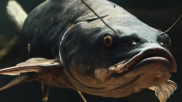 Close-up shot of a large fish, dark background