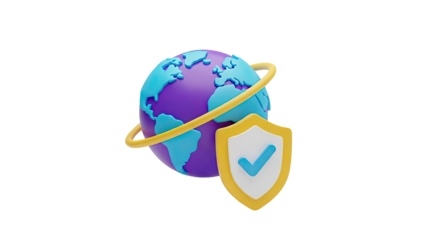 3D Globe with Shield and Checkmark Icon on transparent background