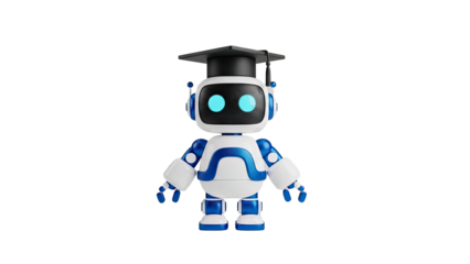 3D Graduation Robot Icon with Glowing Blue Eyes on transparent background