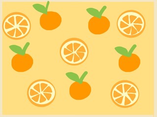 Seamless orange fruit pattern with whole oranges and sliced citrus illustrations on a soft pastel yellow background. Cute hand-drawn style ideal for wallpapers, fabric, packaging, and kids designs