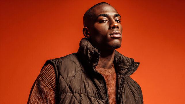 Stylish young man modeling autumn winter fashion collection with puffer vest and textured sweater against warm orange background