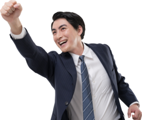 A close-up of a dynamic businessman in a suit striking a victory pose with a fist pump, symbolizing reaching for goals and the future. Suitable for imagery related to new beginnings or career transiti