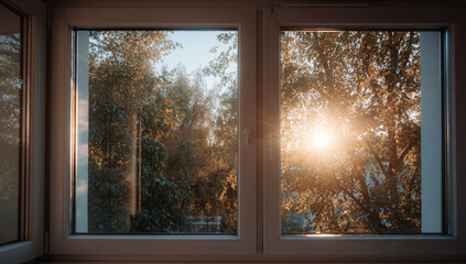 Fototapeta premium Sunlight streaming through a window illuminating a lush outdoor scene with trees and foliage during golden hour