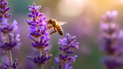 Close-up of a bee collecting nectar from a vibrant purple lavender flower in a sunlit field.