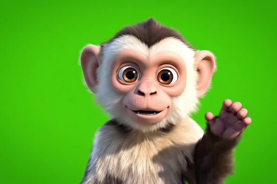 Cute monkey portrait, green screen, animation, children's book illustration