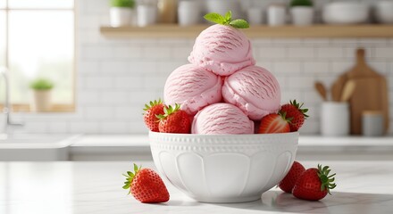 Delicious Strawberry Ice Cream Scoops with Fresh Berries in a Bright Kitchen