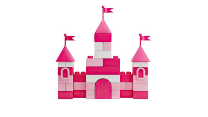 3D Pink building block princess castle with flags on transparent background