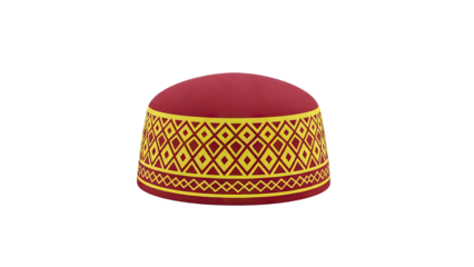 3D Red and yellow patterned kufi hat on transparent background
