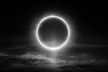 Minimalist black and white photography of a glowing ring of light or solar eclipse effect against a dark, cloudy sky.