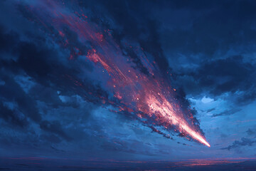 Stunning digital art of a bright pink meteor falling through a deep blue twilight sky with wispy, dramatic cloud formations.