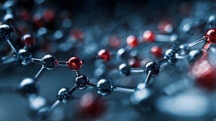 Close-up of a molecular structure with red and gray spheres connected by rods.
