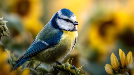 Close-up of a vibrant Blue Tit bird perched on a branch with a soft yellow bokeh background.