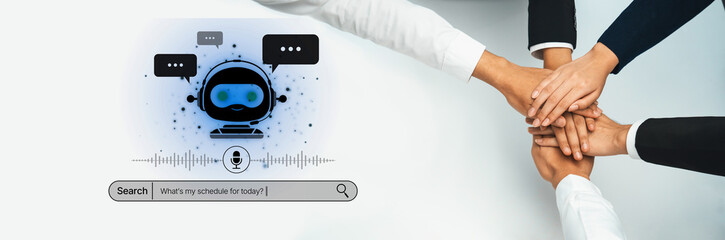 Hands unite over a digital assistant graphic, showcasing teamwork and collaboration in a modern workspace, highlighting technology-driven interaction and support. Trope