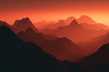 Dramatic silhouetted mountain ranges layered under a vibrant red and orange sunset sky with a hazy atmospheric effect.