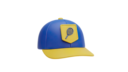 3D Rendering of a Blue and Yellow Baseball Cap with Tennis Racket Emblem on transparent background