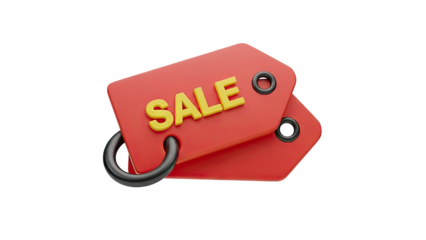 3D Red sale tag with yellow text on transparent background