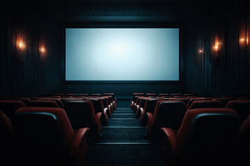 Obraz premium Empty cinema interior with red seats facing a large glowing blank screen, ideal for movie premiere mockups.