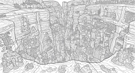 Obraz premium Intricate black and white line drawing depicts a deep canyon landscape with stratified rock formations