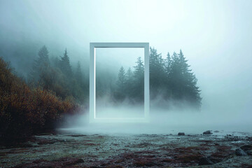Ethereal landscape featuring a large white portal frame standing on a misty shoreline with dark pine trees and fog.