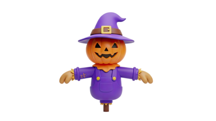 3D Cartoon Pumpkin Scarecrow with Purple Overalls and Witch Hat on transparent background
