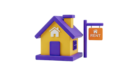 3D Cartoon House with Rent Sign on transparent background
