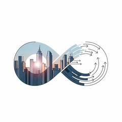 Infinity Loop with Modern Cityscape and Flowing Arrows Symbolizing Endless Business Growth and Opportunity