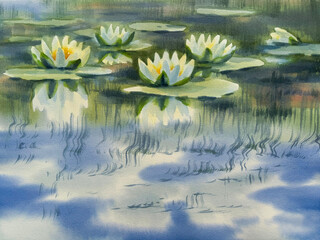 Water lilies in the lake watercolor background