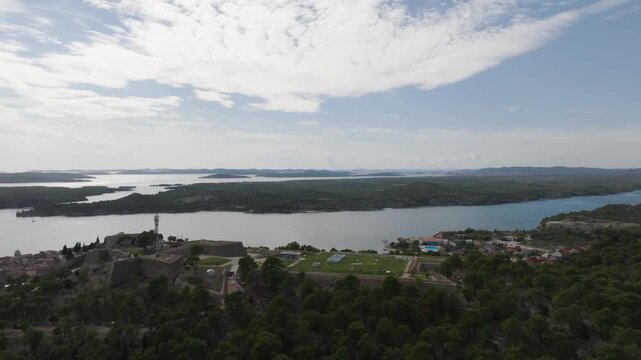 Barone fortress and city of Sibenik, aerial orbit view