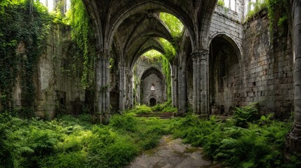 Obraz premium Atmospheric Interior of an Ancient Abandoned Gothic Church Overgrown with Greenery and Vines
