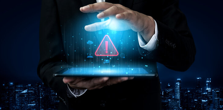Cybersecurity threat alert protects data. Cyber security threat alert prevents access, alert warns breach, defends system, and cyber security threat alert identifies risk. Vouch - Powered by Adobe