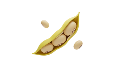 3D Soybean pod with floating beans on transparent background