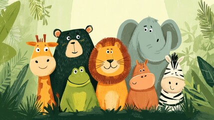 Fototapeta premium Cute Cartoon Animals Gathering in a Lush Jungle Setting.