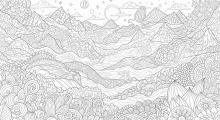 Fototapeta premium Intricate line art depicts a mythical landscape featuring mountains, a serpent-like creature, and a winged equine in the sky